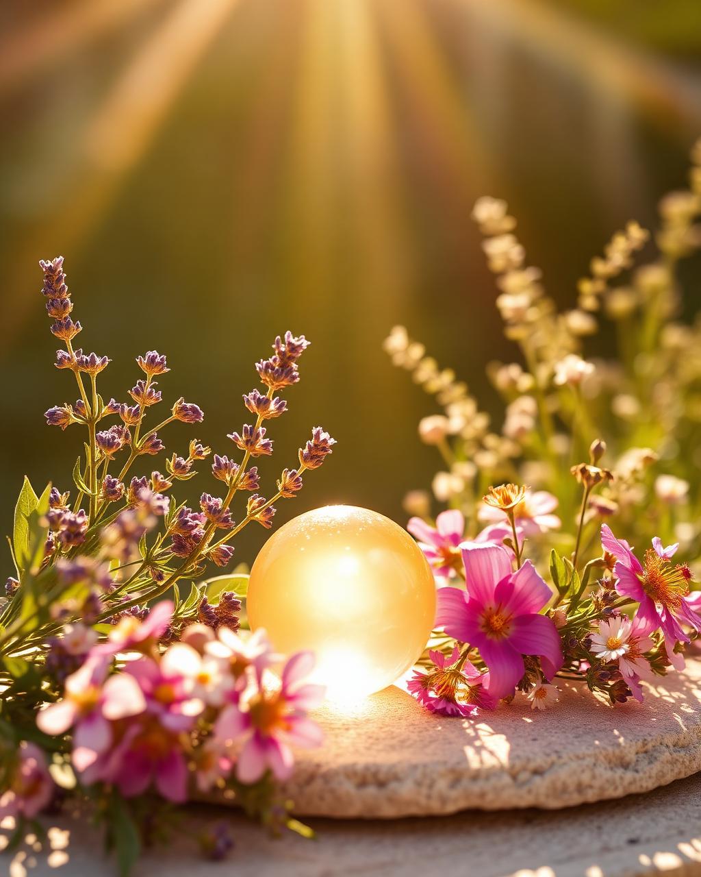 A bright, sunlit healing arrangement of lavender and wildflowers glowing with warm light